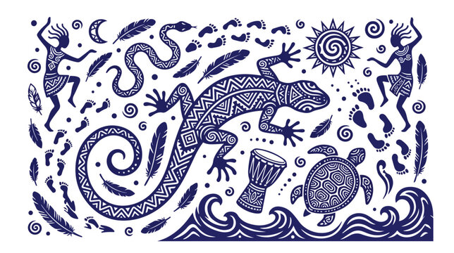 Tribal vector art, a vibrant collection of ethnic patterns and symbols. Intricate lizard, dancing figures, and turtle in a decorative, spiritual design, perfect for cultural projects.