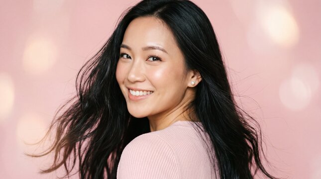 Beautiful Asian Woman Smiling on Pink Background Youthful Beauty and Natural Elegance