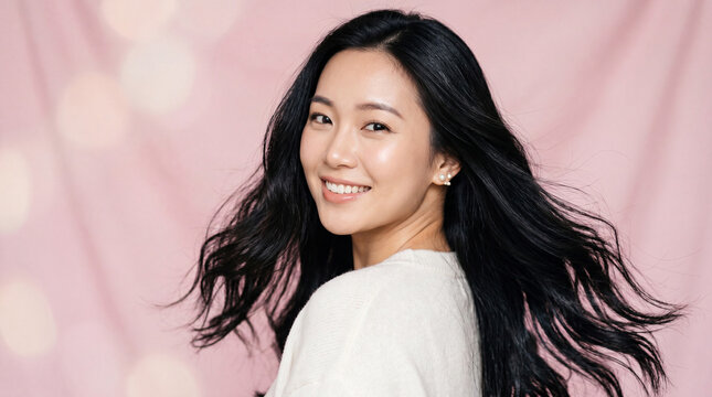 Beautiful Asian Woman Smiling on Pink Background Youthful Beauty and Natural Elegance