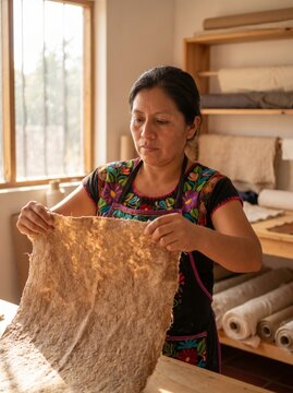 Indigenous artisan woman inspecting handmade organic bark paper in a bright craft workshop representing sustainable heritage