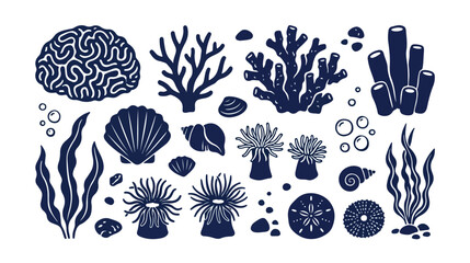 Underwater coral reef vector set, marine life collection with sea anemones and seashells, ocean flora and fauna graphic elements, deep blue aquatic ecosystem illustration © Syed Awais