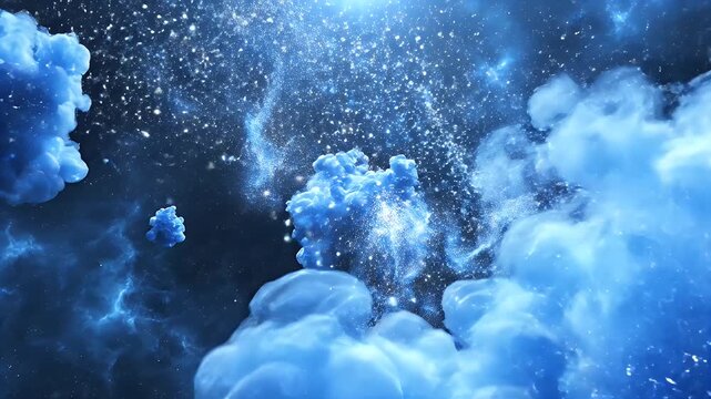 Cosmic nebula with glowing particles and asteroids.