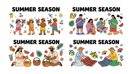 Fototapeta premium Summer Season Collection: A vibrant collection of illustrations depicting various joyful summer activities and scenes, celebrating the essence of the season.