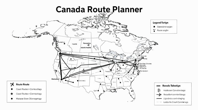 Canada Route Planner Map with Travel Lines and Legends