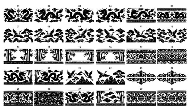 Traditional Chinese Decorative Borders and Ornaments Vector Set Featuring Dragon Crane Bird Bamboo and Patterns Black and White Symmetrical Silhouette Horizontal Elements for Asian Graphic Designs