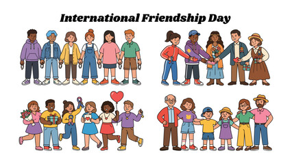 Fototapeta premium Friendship Day Celebration: A vibrant illustration depicting diverse groups of people celebrating International Friendship Day with smiles, gifts, and gestures of camaraderie.