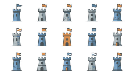 A collection of 15 castle illustrations with flags on white background for 2026-06-30 reference © Killau