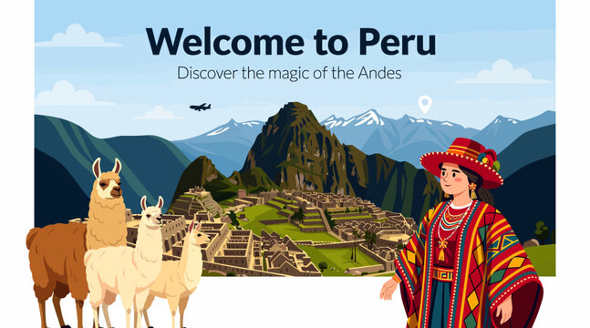 Welcome to Peru: Machu Picchu Llamas and Woman in Traditional Attire