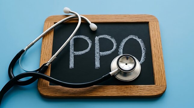 A stethoscope lies on a small wooden chalkboard with PPO written in chalk on a blue background.