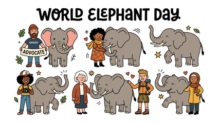 World Elephant Day Celebration: A heartwarming illustration dedicated to World Elephant Day, featuring various people interacting lovingly with elephants, promoting advocacy and conservation.