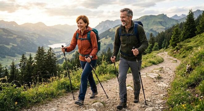 A happy mature couple hiking together on a mountain trail with backpacks and trekking poles.