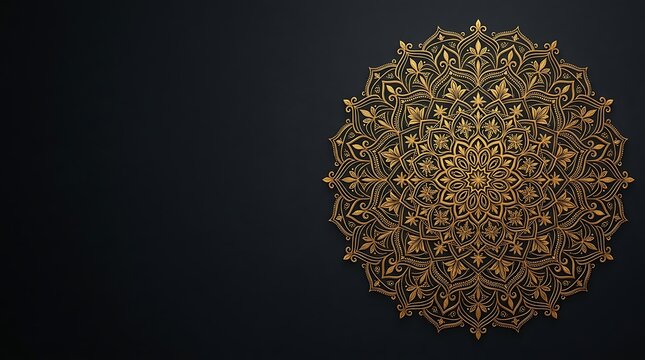 Golden intricate mandala pattern on a dark background with copy space