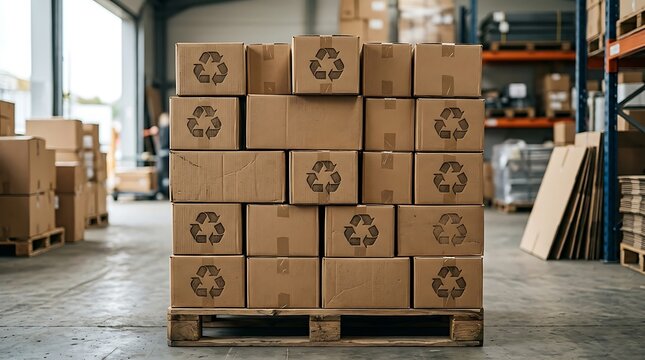 Stacked cardboard boxes with recycle symbols on a wooden pallet