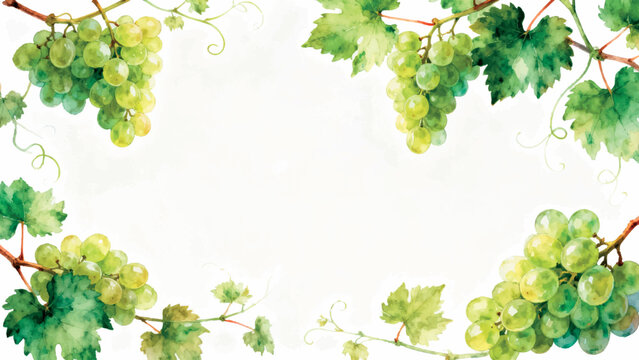 Watercolor green grapes frame with white copy space