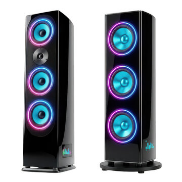 Modern floor standing speakers with blue led lighting and digital equalizer display isolated on transparent background