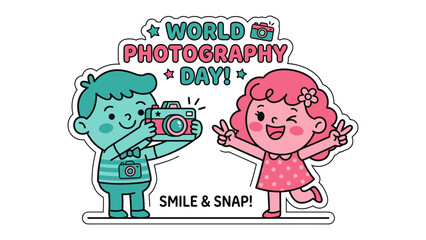 World Photography Day Celebration: A cheerful boy with a camera photographs a happy girl striking a pose, celebrating the joy of photography on World Photography Day. © Karima
