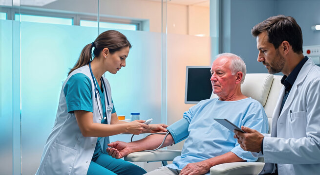 Nurse measuring blood pressure of senior patient in clinic. Doctor reviewing medical data on tablet. Healthcare and heat impact monitoring concept