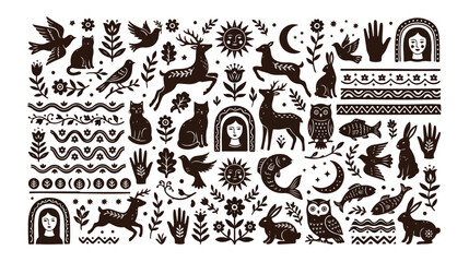 Folk art animal and nature vector icon collection, featuring deer, cats, birds, rabbits, fish, owls, and human figures. Stylized black and white illustrations for bohemian design © Syed Awais