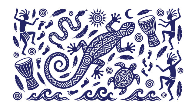 Tribal vector art collection, intricate ethnic patterns, stylized lizard, turtle, snake, drums, dancing figures, feathers, footprints, sun, moon, and waves, traditional cultural design elements.