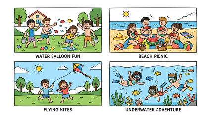 Fototapeta premium Summer Fun Collage: A vibrant collection of four illustrated scenes depicting children enjoying summer activities: water balloon fight, beach picnic, kite flying, and underwater snorkeling adventure.