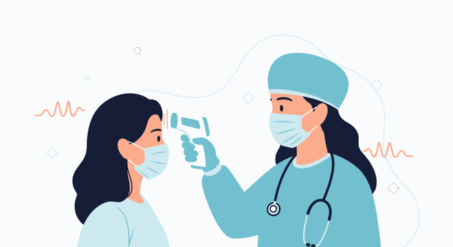 Doctor in medical mask takes temperature of patient with non-contact thermometer during health screening
