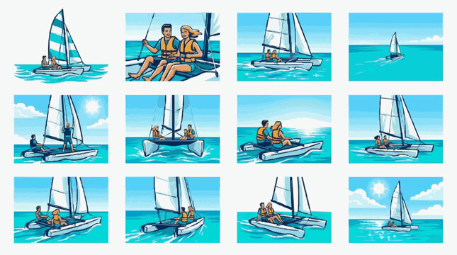 Sailing ships on clear blue water background collection.