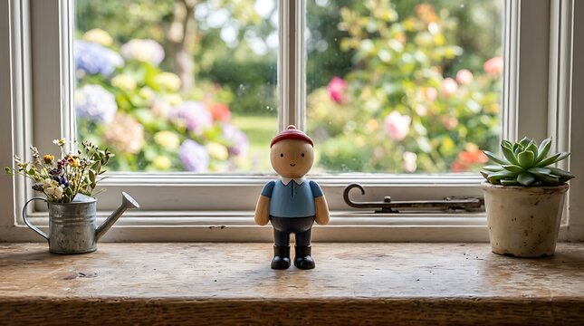 Wooden toy figurine standing on a windowsill overlooking a garden