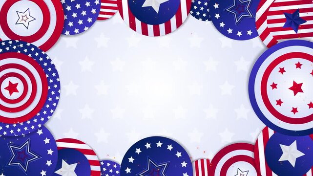 Red white blue circular frames decorate the image. Stars and stripes pattern surround a light center area. Celebrate patriotic events with this festive design. Perfect for July Fourth, Veterans Day