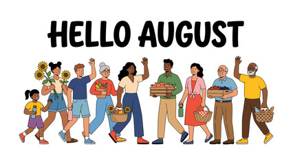 Fototapeta premium Hello August Community Gathering: A vibrant illustration depicts a diverse group of people, from young children to seniors.