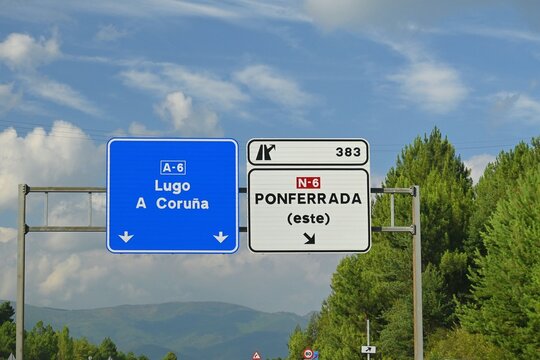 Road sign for exit 383 to Ponferrada East on the A 6 motorway, Spain,
June 29, 2026