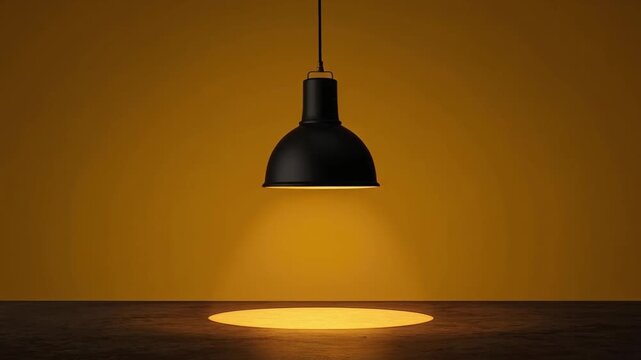 Matte black pendant lamp illuminates a circular golden spotlight on dark textured floor in this smooth cinematic motion video footage
