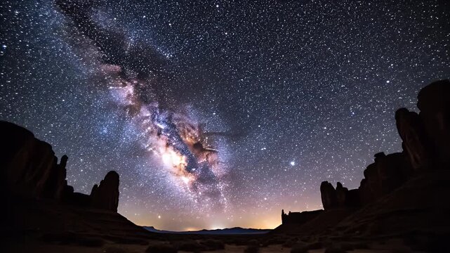 The Milky Way galaxy arches over the silhouette of desert rock formations under a clear, star-filled night sky.