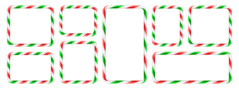 Rectangular and square realistic, glossy candy cane stripe pattern frames
