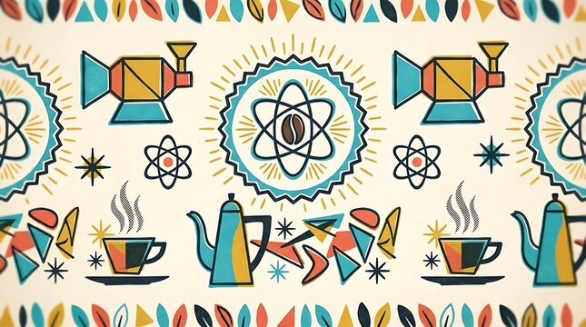 Mid-century modern coffee pattern with atomic and geometric elements