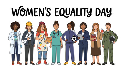 Women Equality Day Celebration: A diverse group of women stands together, showcasing their varied professions and celebrating equality on Women's Equality Day. © Rahimatul