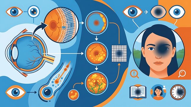 Macular degeneration infographic showing eye anatomy and vision loss
