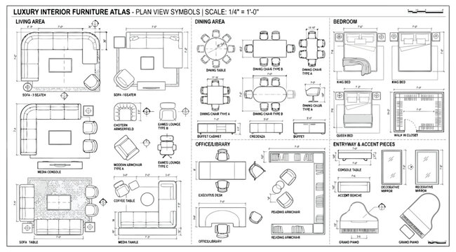 Luxury interior furniture atlas plan view symbols architectural cad blocks