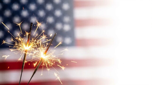 Glowing sparklers burning brightly against a blurred American flag background for patriotic holiday.