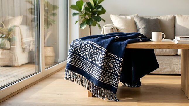 Cozy blue throw blanket with white patterns on a modern coffee table