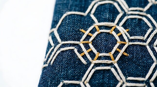 Sashiko embroidery with geometric honeycomb pattern on blue denim