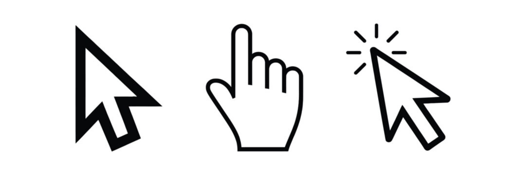 Black and white cursor and arrow icons featuring mouse pointer shapes navigation controls and selection tools for UI interface design