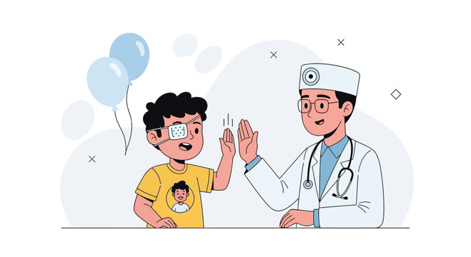 Doctor examining child with eye patch, friendly interaction, medical care, vision health, and children's healthcare illustration
