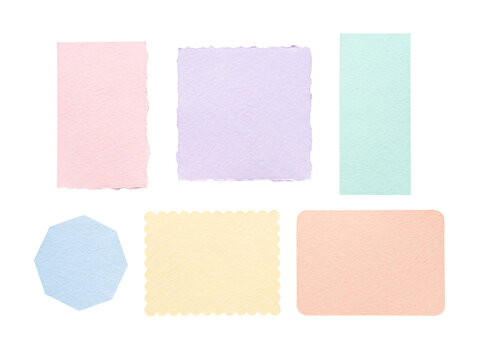 Assorted pastel-colored paper shapes featuring torn, clean, and decorative edges, isolated on a transparent background.