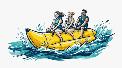 Three men in a small inflatable boat on water. © bro