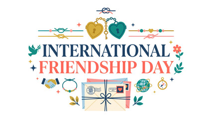 Naklejka premium International Friendship Day Emblem: A colorful emblem celebrating International Friendship Day, featuring interlocking hearts, a dove, envelopes.