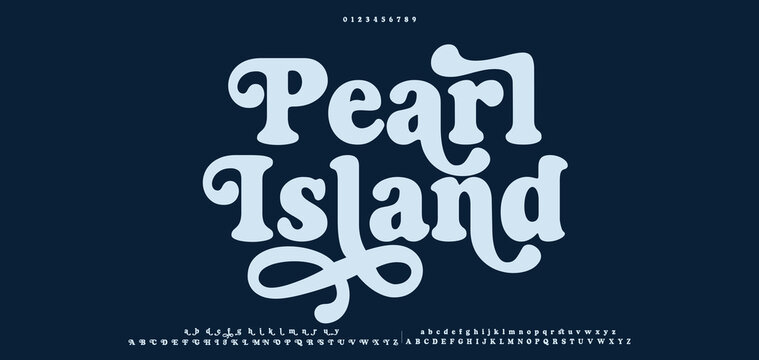 Pearl Island, Elegant font, vintage type or luxury premium typeface, vector English royal alphabet. Classic typography in modern or old art deco style, serif letters for modern or retro poster font