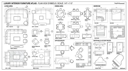 Luxury interior furniture atlas plan view symbols scale 14 inch equals 1 foot © Saharia