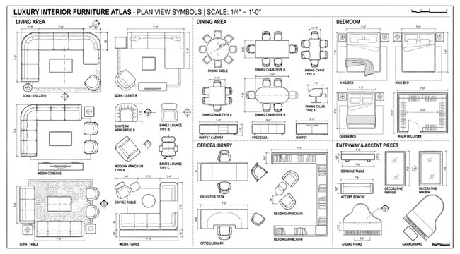 Luxury interior furniture atlas plan view symbols scale 14 inch equals 1 foot