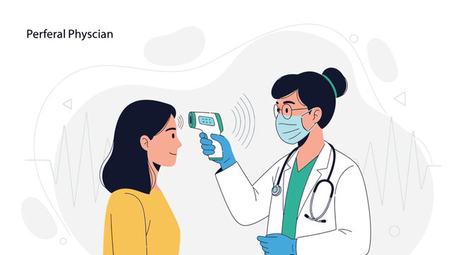Doctor checks patient's temperature with infrared thermometer, vector illustration of healthcare and medical screening