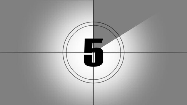 "Cinematic movie countdown from 10 to 0, vintage film leader style, bold centered numbers changing every second..